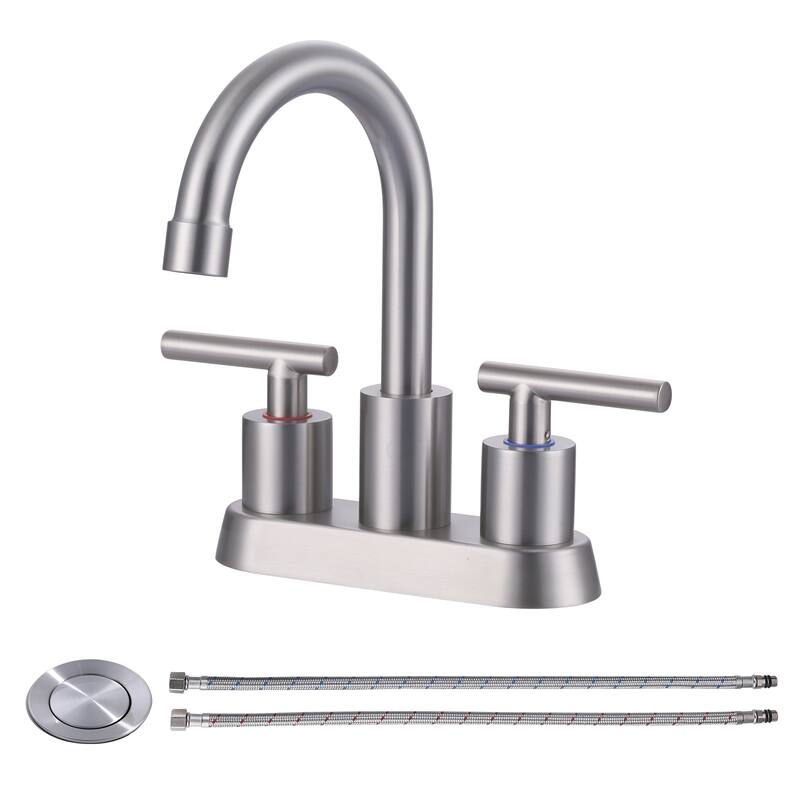 WOWOW 4 in. Centerset Double Handle High Arc Bathroom Faucet - Brushed Nickel