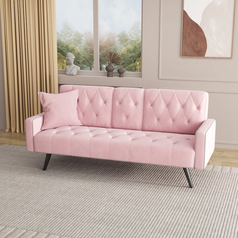 Luxurious Velvet Sofa Couch Convertible Loveseat Sleeper Sofa Couch with Tufted Backrest & Nailheads