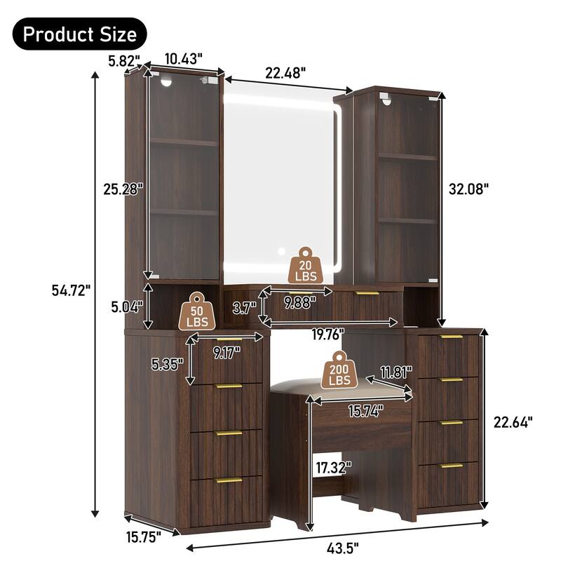 43.5" Fluted Makeup Vanity Desk with LED Mirror, Dressing Table Set with Stool, 10 Drawers & Charging Station