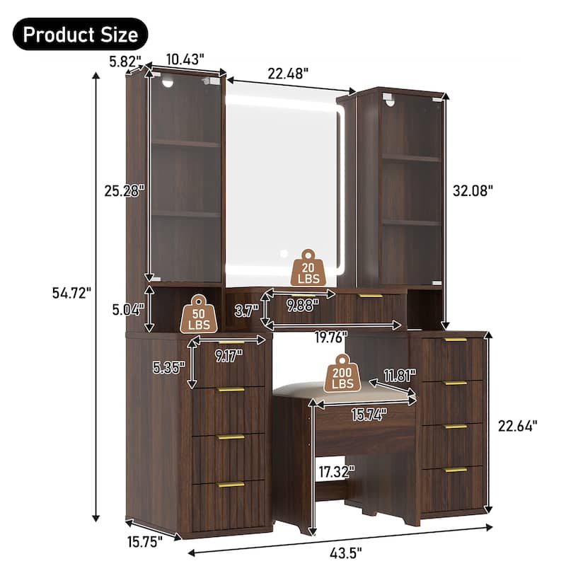 43.5" Fluted Makeup Vanity Desk with Mirror and Lights, with 10 Drawers & 2 Transparent Glass Cabinets