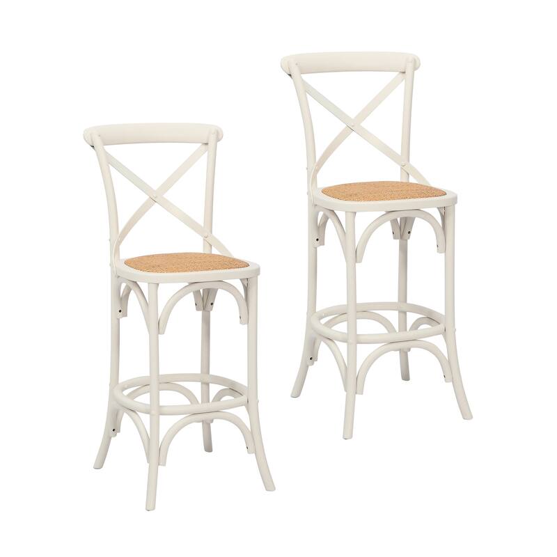 Porthos Home Ziva Bar Stools Set of 2, Elm Wood with Woven Rattan - White