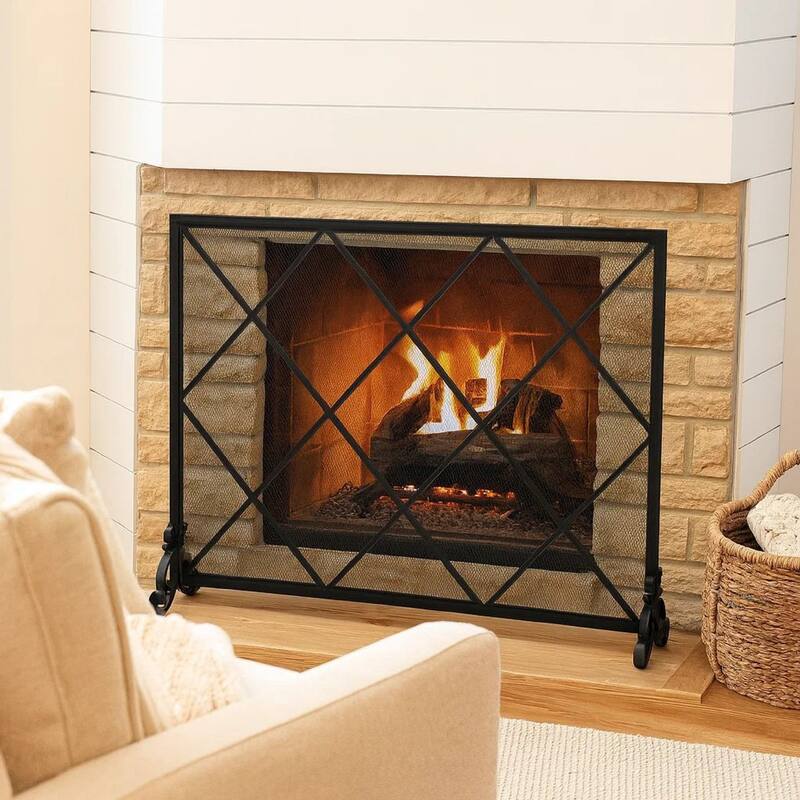 Fireplace Screen, Classic Diamond Shape with Mesh, 41x32 Black Finish