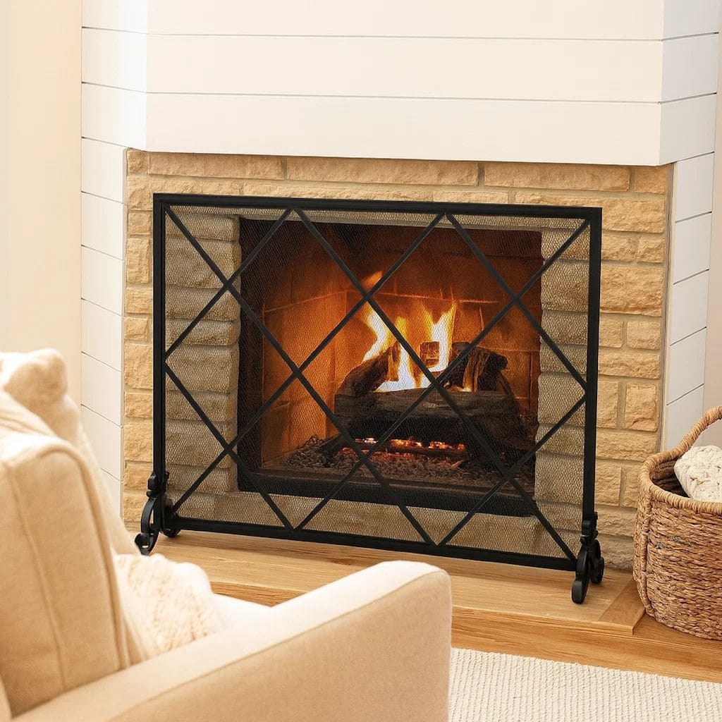 Fireplace Screen, Classic Diamond Shape with Mesh, 41x32 Black Finish