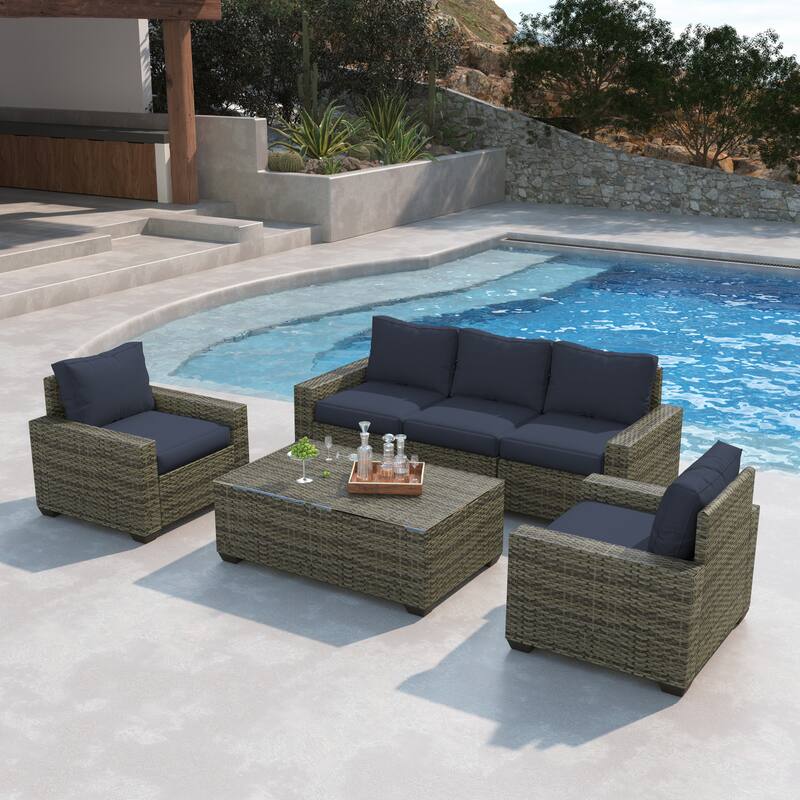 6 Pieces Patio Rattan Conversation Furniture Set with Coffee Table