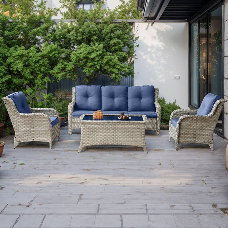 Gymojoy 4-Piece Outdoor Patio Sofa Chair with Coffee Table - Light Grey - Blue