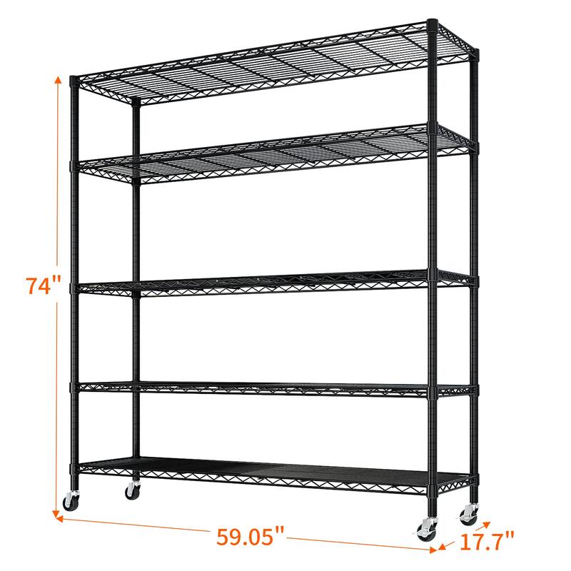 5-Tier Black Steel Wire Adjustable Height Storage Shelves Rack for Tools and Equipment - 59.06” x 17.72” x 74.02" (L x W x H)