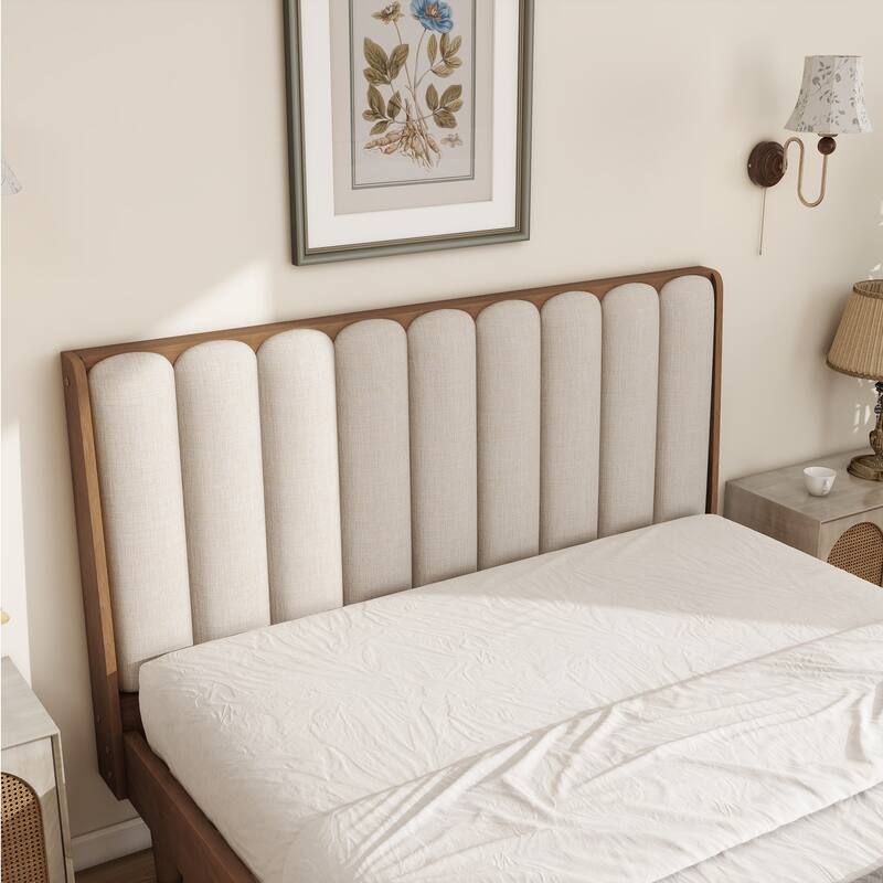 Solid Wood Low Profile Platform Bed Frame with Piano Key Style Upholstered Headboard, No Box Spring Needed