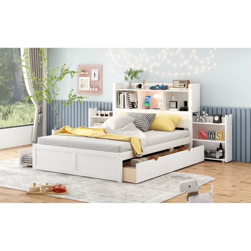 Full Size Storage Platform Bed with Pull Out Shelves, Twin Trundle, and 2 Drawers in White