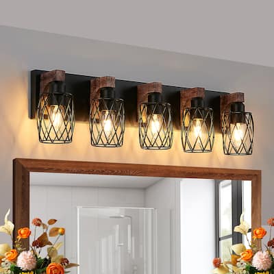 31" 5-Light Industrial Wall Sconce - Black Cage - Wood - Bathroom(Bulb Not Included)