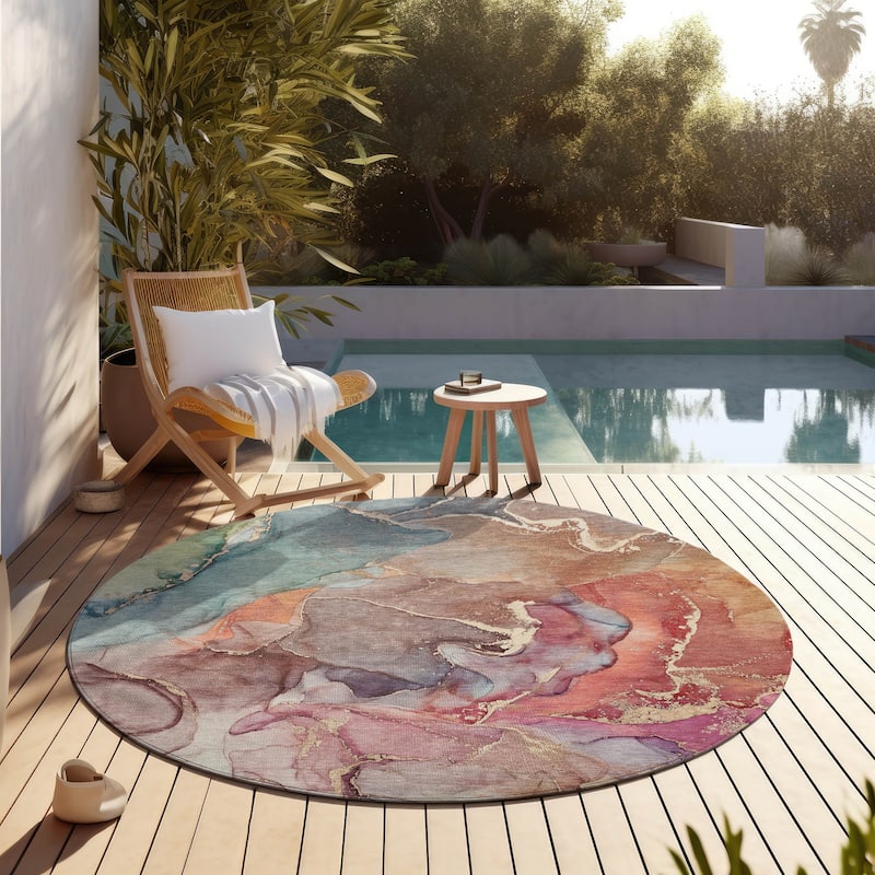 Machine Washable Indoor/ Outdoor Chantille Watercolor Rug - 8' x 8' - Blue