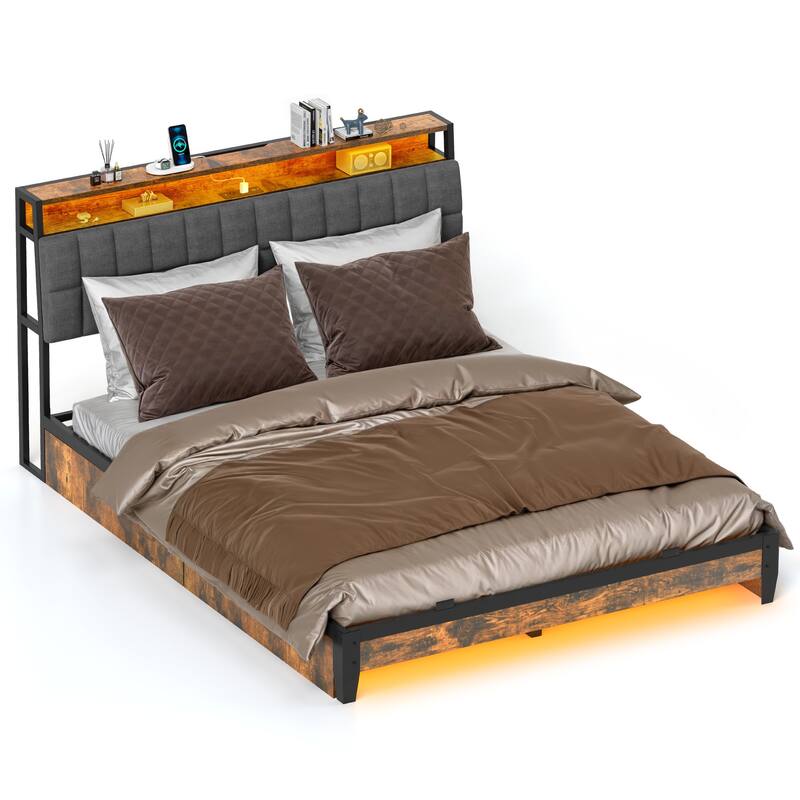 Moasis King/Queen/Full Size Upholstered Platform Bed with Charging Station and Storage Headboard - Queen