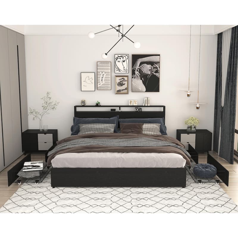 King Bed Frame with Storage Headboard and Charging Station, Solid, Stable