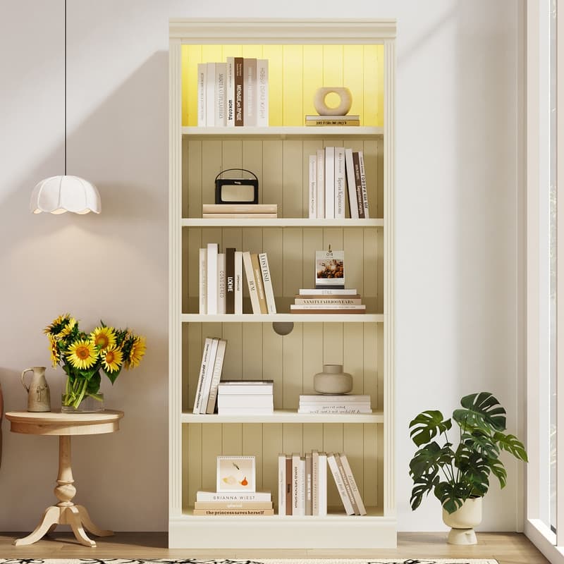 83.4" Tall 5-Tier Wood Bookcase with Built-In Light Strip – Adjustable Shelves , Freestanding Storage Shelf . -  Beige+Cream