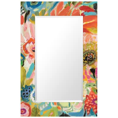 "Secret Garden Floral III" Rectangular Beveled Mirror on Free Floating Reverse Printed Tempered Art Glass - 48" x 32"
