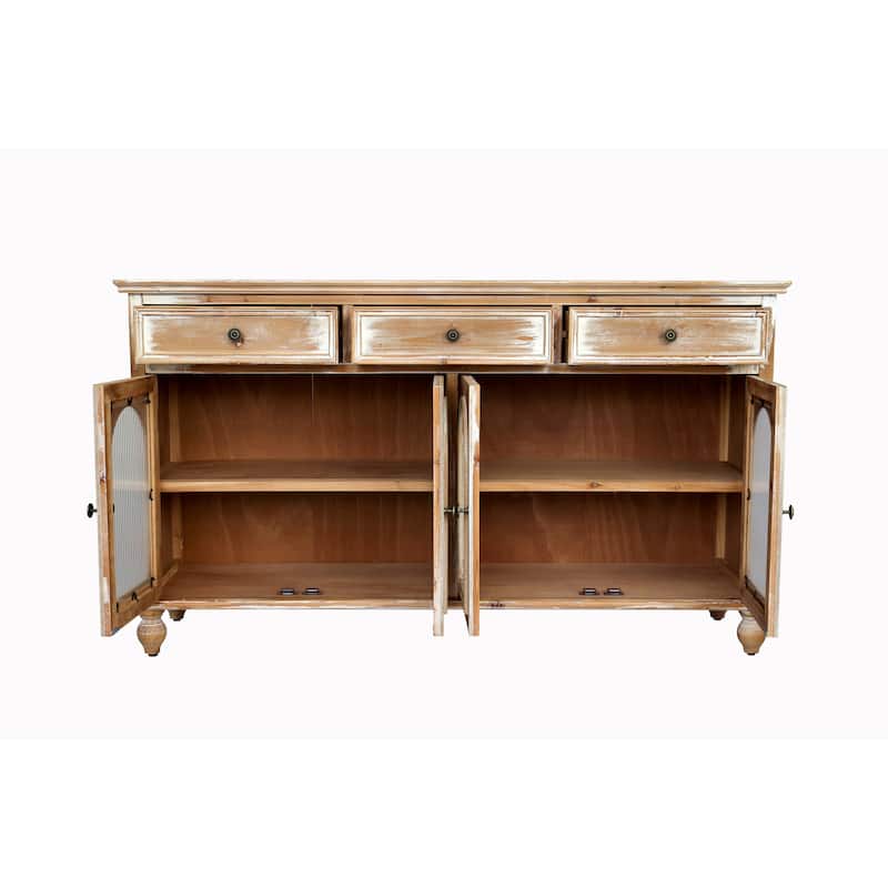 59.06"Farmhouse Sideboard Buffet Cabinet, Distressed Wood Credenza with 3 Drawers & 4 Glass Doors, Storage Cabinet with Shelves