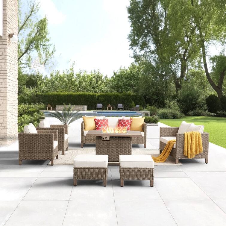 9 - Person Outdoor Wicker Patio Conversation Furniture Set With Fire Pit Table