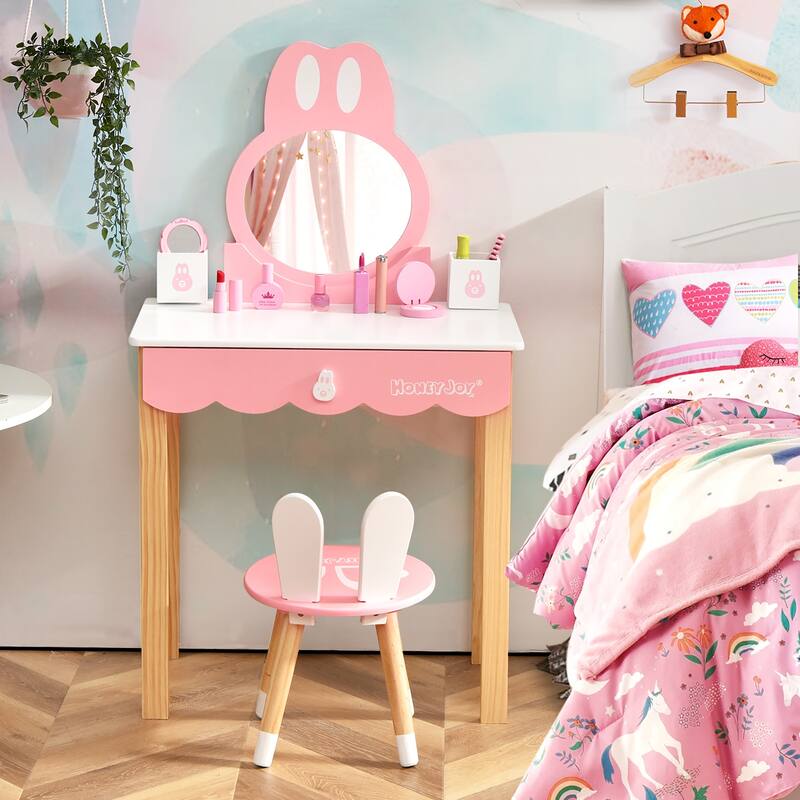 Costway Kids Vanity Set Rabbit Makeup Dressing Table Chair Set W/ - See Details
