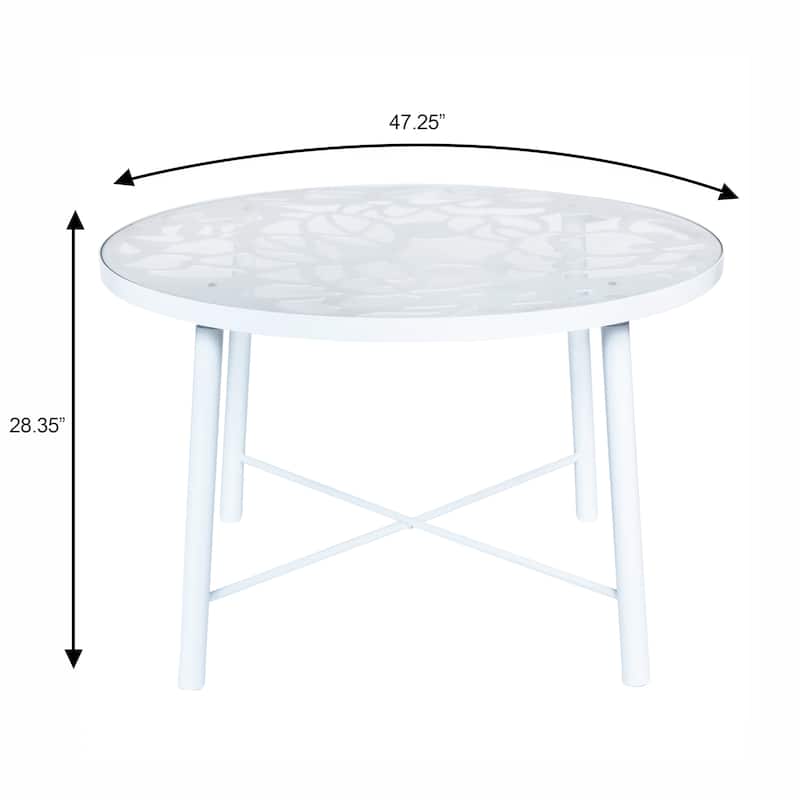 Devon Outdoor Round Aluminum Patio Dining Table with Floral Cutout Design, Tempered Glass Tabletop for Garden or Living Room