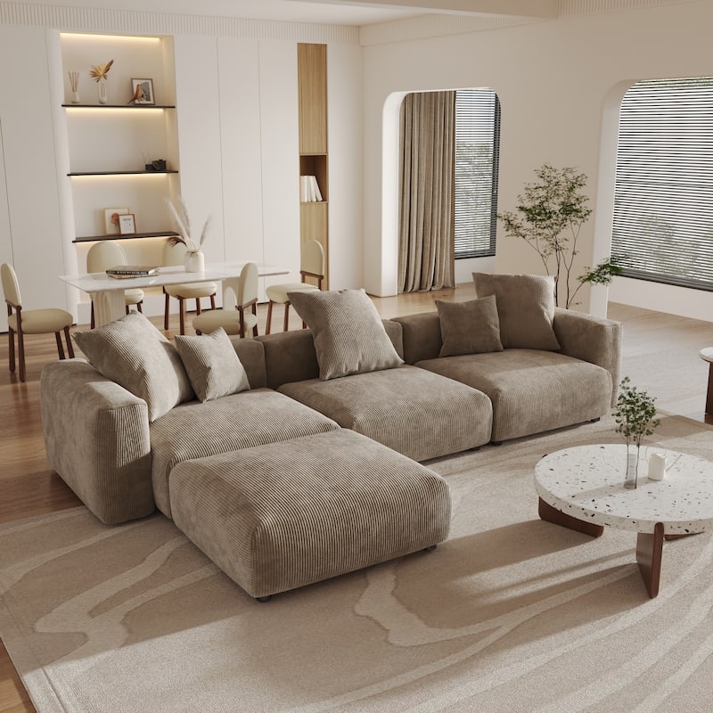 141.73 " Corduroy Large Reversible Modular Sectional Sofa L-Shape Couch with Otoman and Pillow