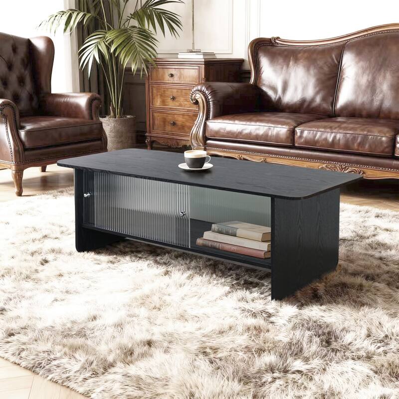 47" Rectangular Modern Minimalist Coffee Table With Glass Sliding Door Storage Center, Suitable For Living Room, Bedroom
