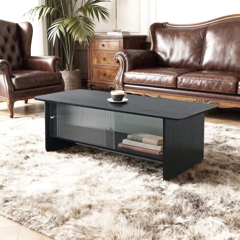 47" Stylish Coffee Table 2-Tier Center Tables with Storage, Large Living Room Table Rectangular Wood Tea Tables with Glass Door