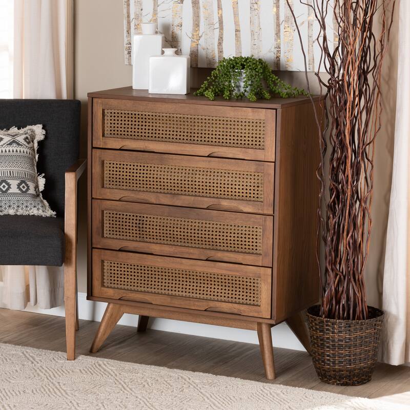 Barrett Mid-Century Modern Wood and Rattan Chest in Walnut Brown Color