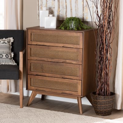 Barrett Mid-Century Modern Wood and Rattan Chest in Walnut Brown Color