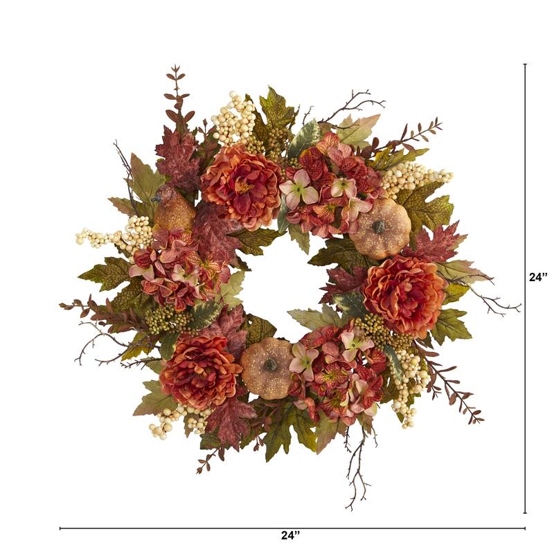 Fall Harvest Peonies Hydrangeas Pumpkins Artificial Wreath, 24", Unlit