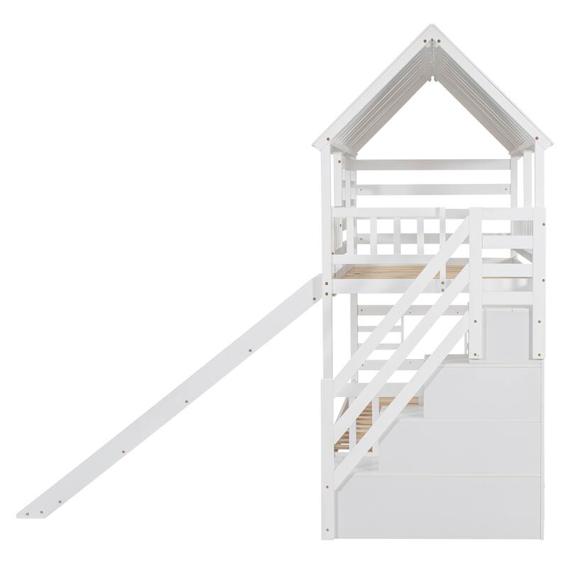 Twin Pine Bunk Bed with Trundle, Staircase, and Slide