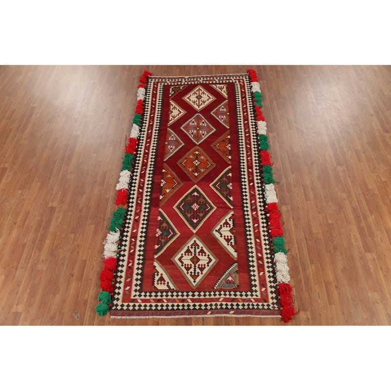 Kilim Qashqai Persian Vintage Runner Rug Hand-Woven Wool Carpet - 4'5"x 10'3"