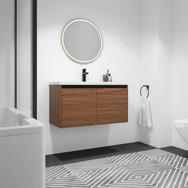 Fully Assembled Black 36 Inch Bathroom Vanity with Ceramic Countertop Sink, Oak 2 Doors Bathroom Cabinet Set