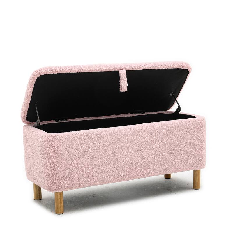Pink Storage Bench Boucle Fabric Upholstered Ottoman Indoor Entryway