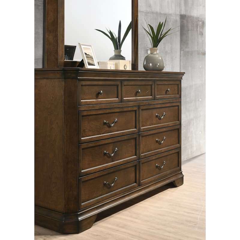 Roundhill Furniture Maderne Traditional Wood 9-Drawer Dresser with Mirror, Antique Walnut Finish