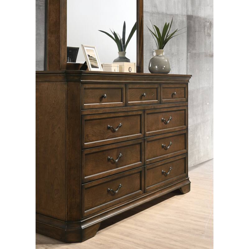 Maderne Traditional Wood Panel Bed with Dresser, Mirror, Two Nightstands, King size