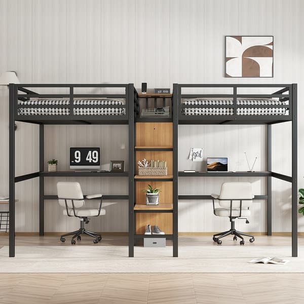 slide 2 of 13, Natural Wood Twin Over Twin Loft Bed with Double Desk Wardrobe Shelves Power Outlet Natural Wood - Twin