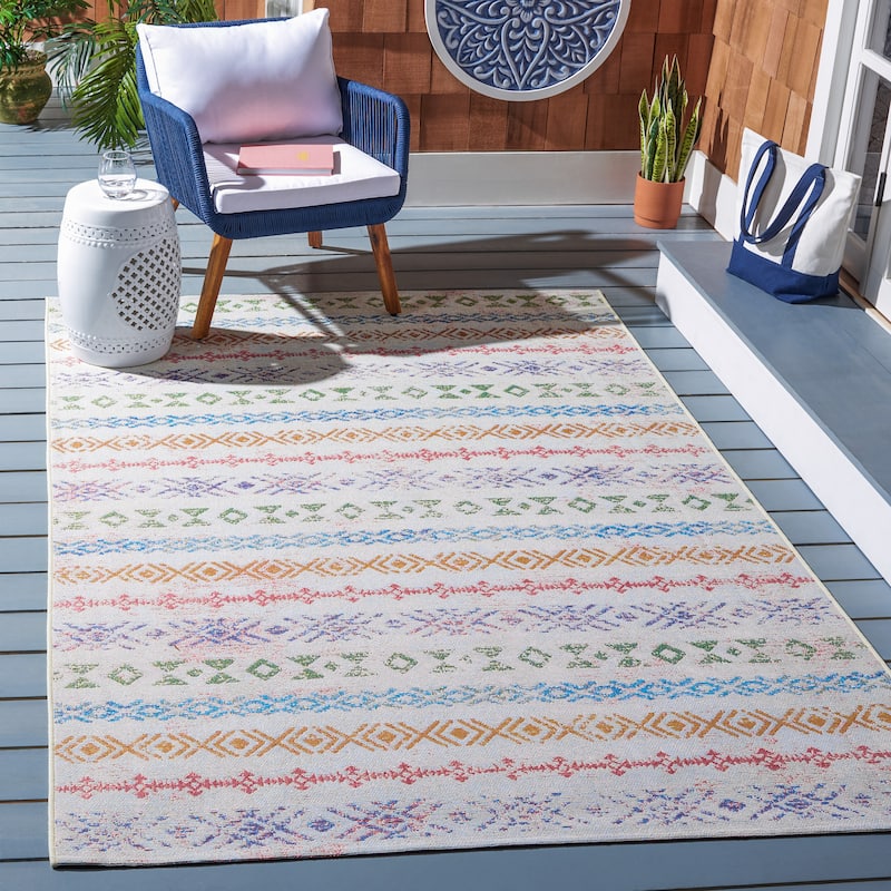 SAFAVIEH Summer Anton Boho Indoor/ Outdoor Waterproof Patio Backyard Rug - 6'6" x 9'4" - Ivory/Blue