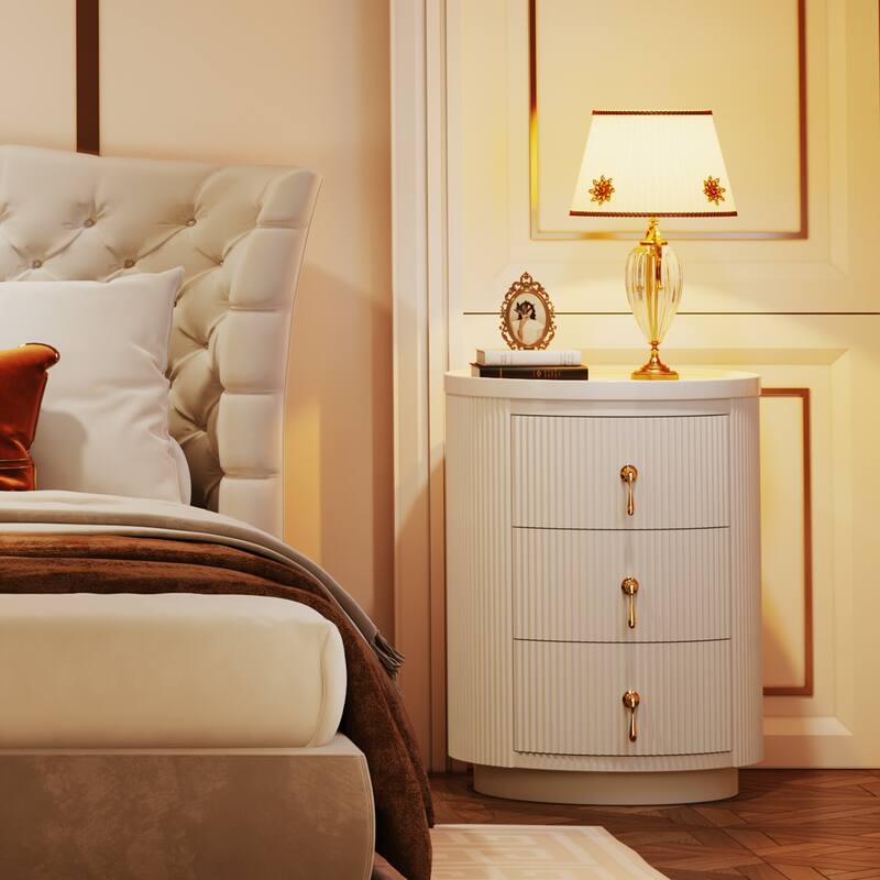 Modern 3-Drawer Fully-Assembled Nightstand, Round End Table Bedside Table for Bedroom, White