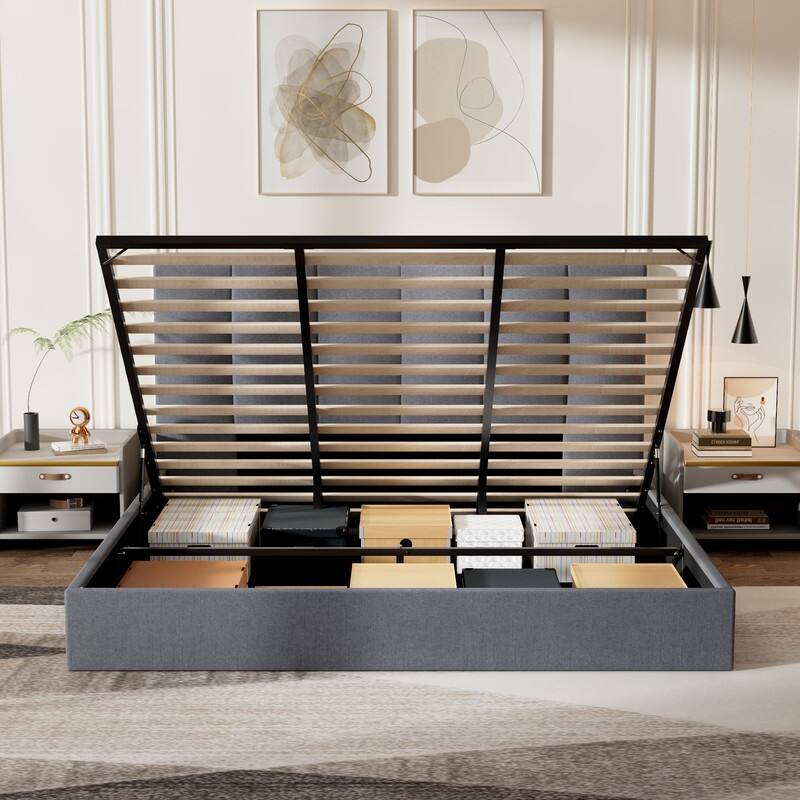 Modern Upholstered Lift-Up Storage Platform Bed with Headboard