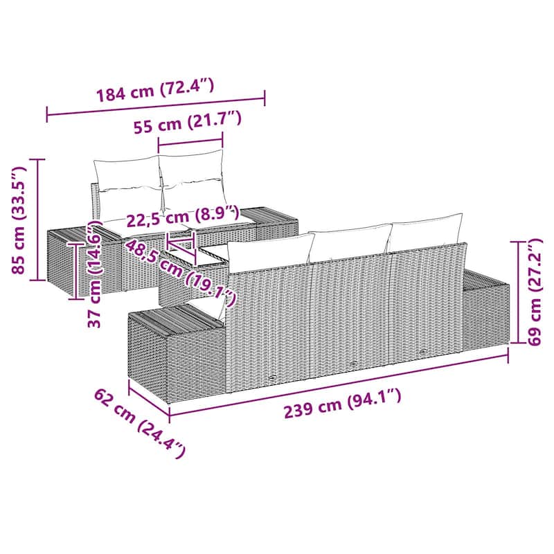 vidaXL 6 Piece Garden Sofa Set with Cushions - 94.1×24.4×27.2