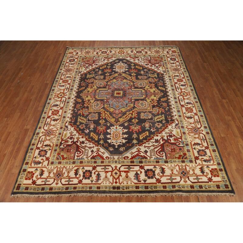 Charcoal Gray Heriz Serapi Indian Area Rug Handmade Wool Carpet - 7'10"x 9'11"