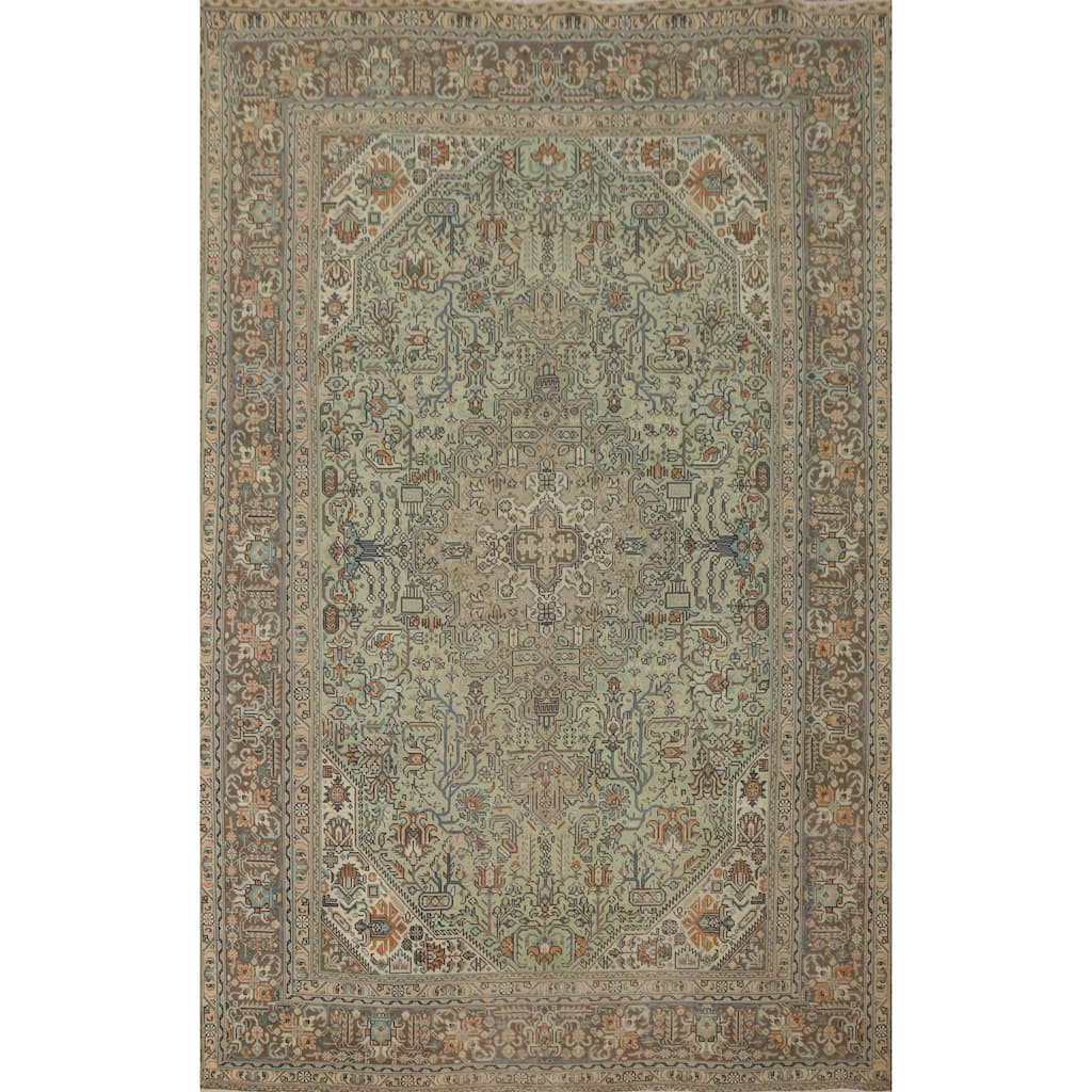 Hand Knotted Oriental 100% Wool Carpet Traditional Floral Green Tabriz Area Rug - 9' 5'' X 6' 5''