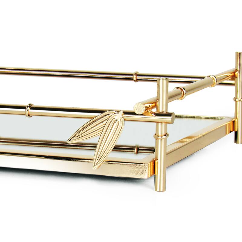 Gold Bamboo Style Rectangle Metal Mirror Decorative Tray Serving Platter