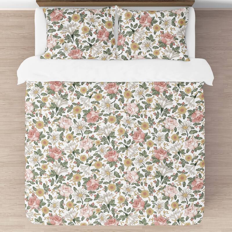 Sweet Jojo Designs Vintage Floral Boho Girl 3pc Full Queen Comforter Set - Blush Pink Yellow Green White Shabby Chic Farmhouse