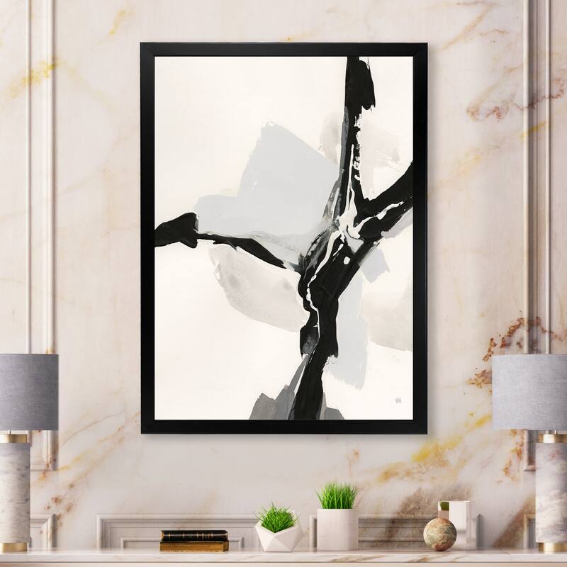 Designart "Abstract Neutral III" Mid-Century Modern Framed Art Print - Black - 12 in. wide x 20 in. high