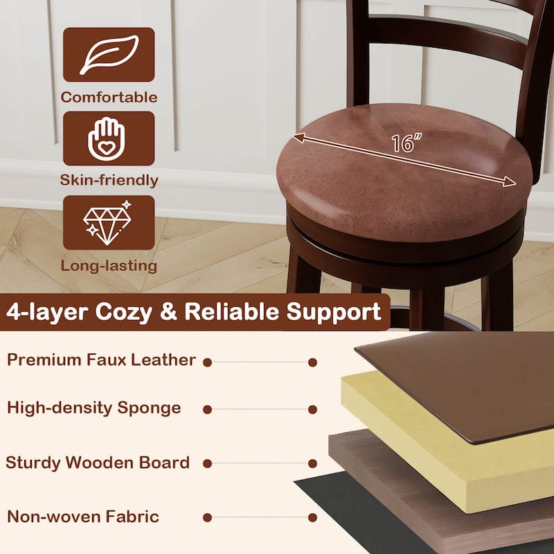 Costway 30” Bar Height Swivel Barstools Set of 2/4 with Back, Faux - Cappuccino