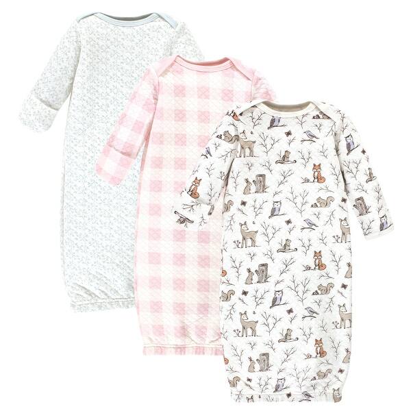 slide 1 of 1, Hudson Baby Infant Girl Quilted Cotton Long-Sleeve Gowns 3pk, Enchanted Forest, 0-6 Months - Enchanted Forest 0-6 Months - Enchanted Forest