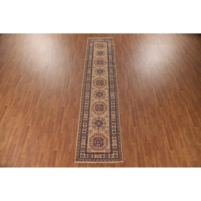 Geometric Kazak Runner Rug Hand-Knotted Yellow Wool Carpet - 2'10" x 13'0"