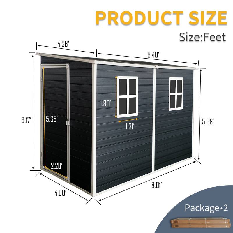 Outdoor Storage Shed Resin Plastic Lockable Waterproof UV Resistant with Windows Black - 8.01’ (L) x 4’ (W) x 5.68’ (H)