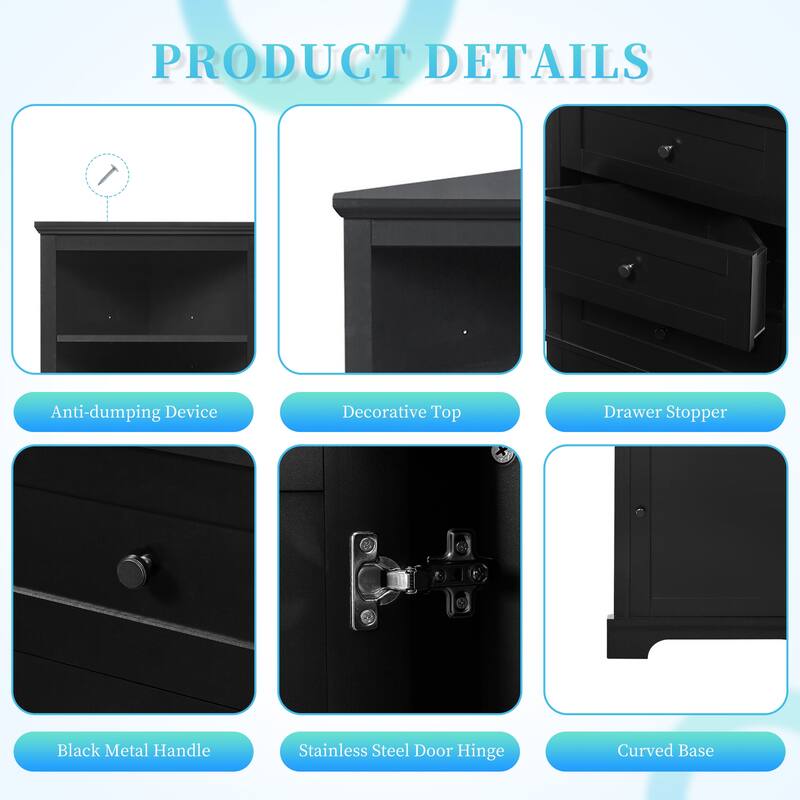 Space-Saving Triangular Bathroom Storage Cabinet with Drawers & Door, Painted MDF Corner Tower Organizer