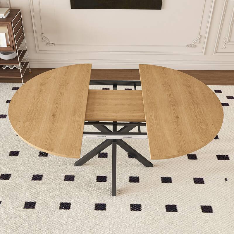 Extendable Round Dining Table for 2-6: 43" to 58" Oak Finish Expandable Table with Carbon Steel Space-Saving Base